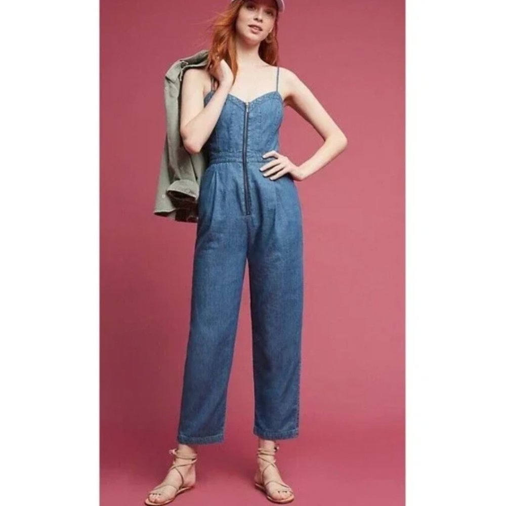 PILCRO blue denim chambray zip-front jumpsuit